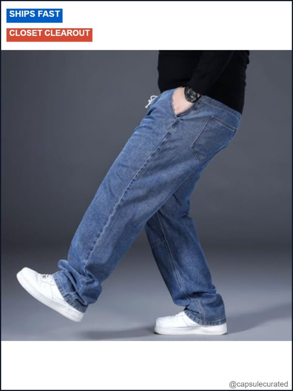 Men's Baggy Jeans Elastic Waisted Denim Joggers Plus Size Drawstring Pull On - Picture 5 of 6